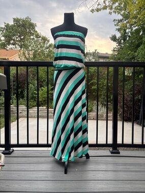Veronica M Striped Dress in Black, White, and Teal
